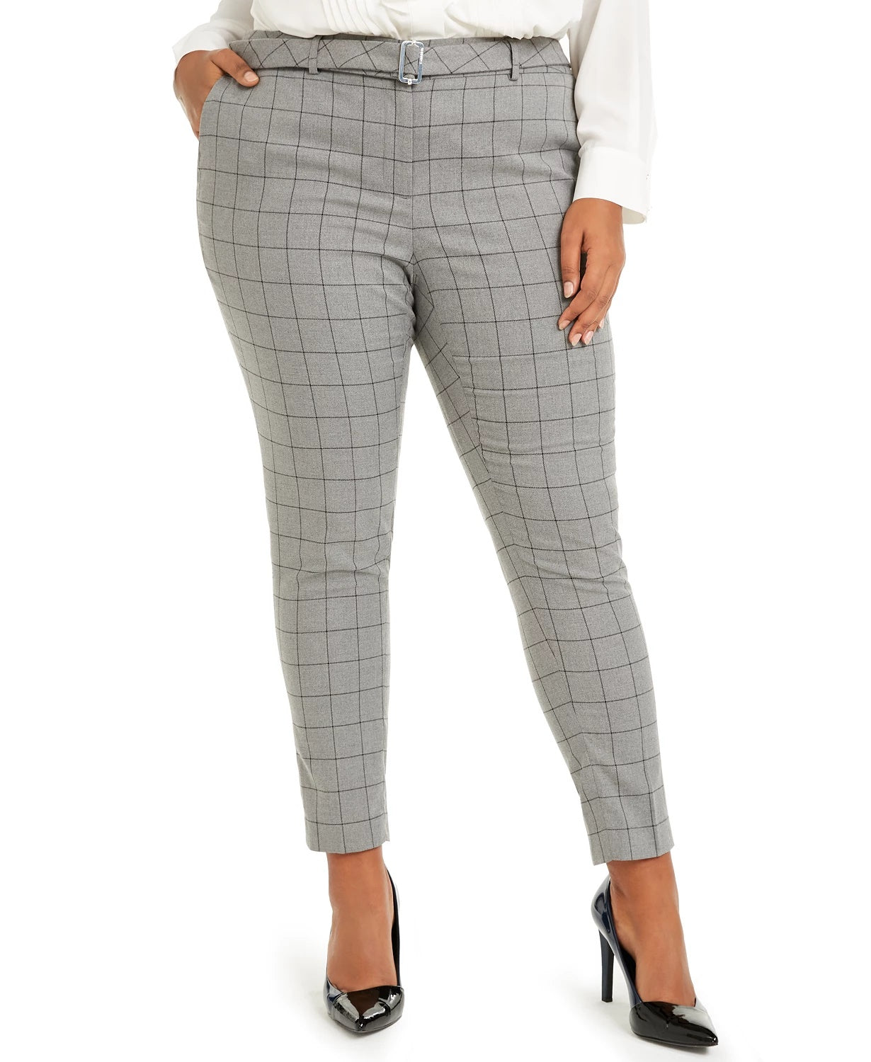 Calvin Klein Women's Plus Size Belted Windowpane-Print Slim-Leg Pants Gray Size 18W