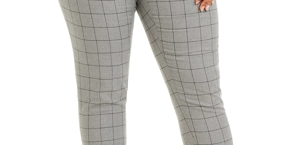 Calvin Klein Women's Plus Size Belted Windowpane-Print Slim-Leg Pants Gray Size 18W
