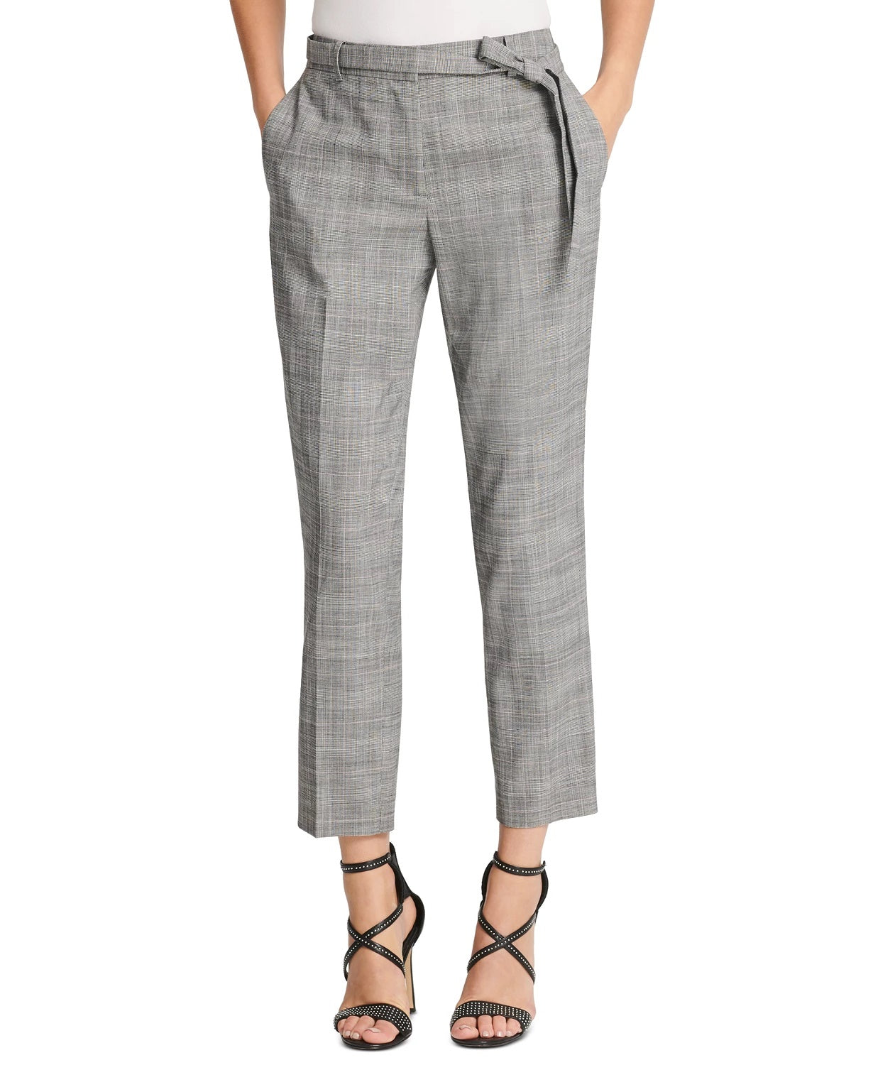 DKNY Women's Petite Belted Essex Ankle Plaid Pant Gray Size 0.6