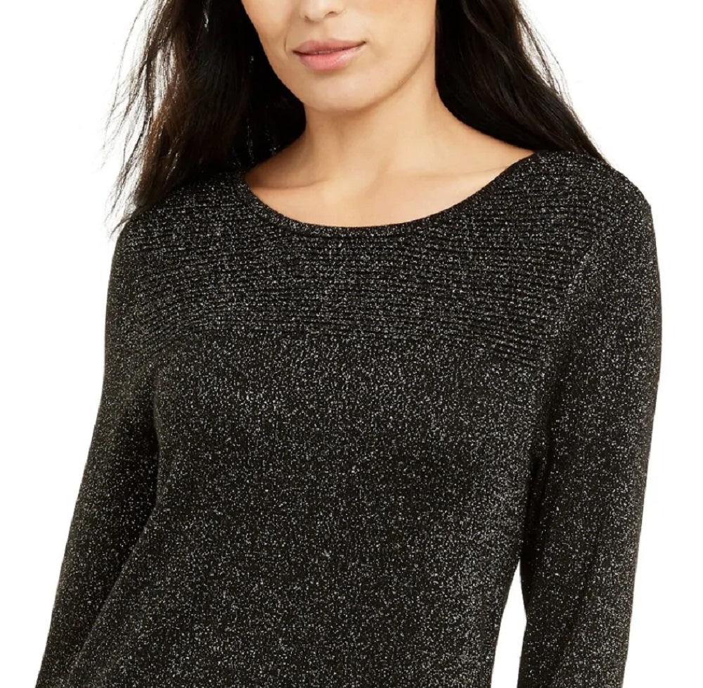 Alfani Women's Metallic Swing Sweater  Black Size Petite Medium