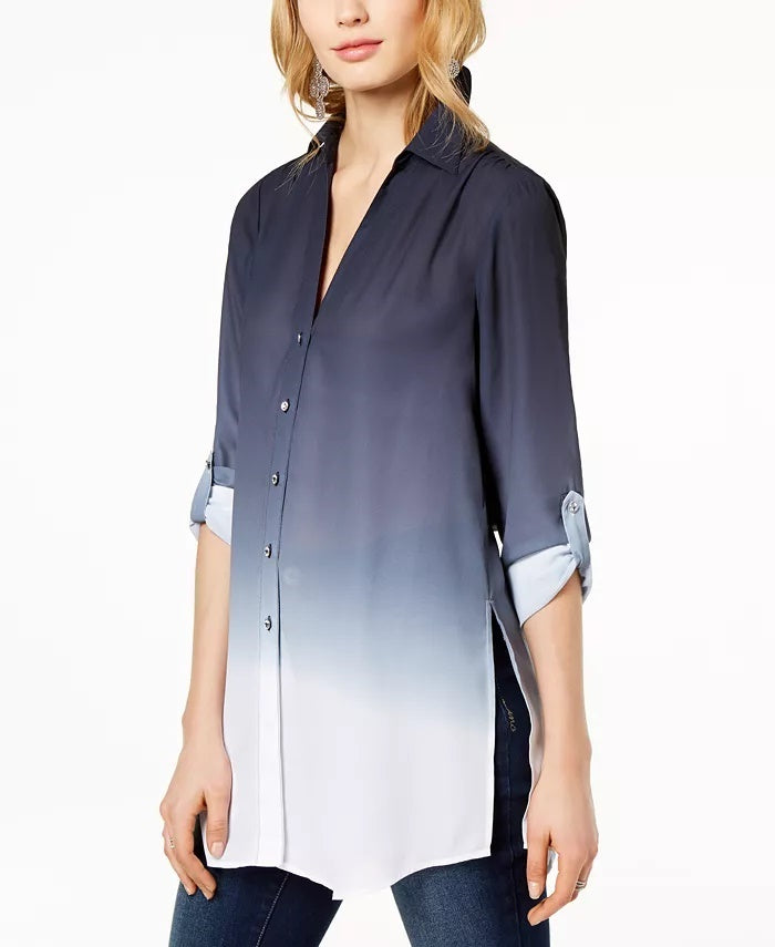 INC International Concepts Women's Dip Dyed Button Front Tunic Navy Size Small