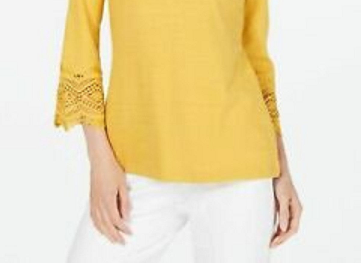 Charter Club Women's Cotton Lace Trim Top Gold Size Small