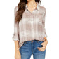 Style & Co Women's Sparkle Plaid Shirt Beige Size Large