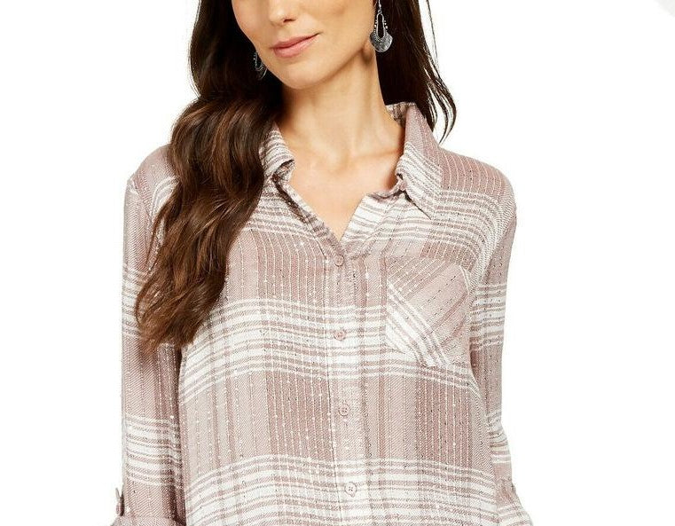 Style & Co Women's Sparkle Plaid Shirt Beige Size Large