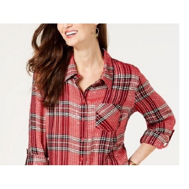Style & Co Women's Sparkle Plaid Shirt Mediun Red Size Small