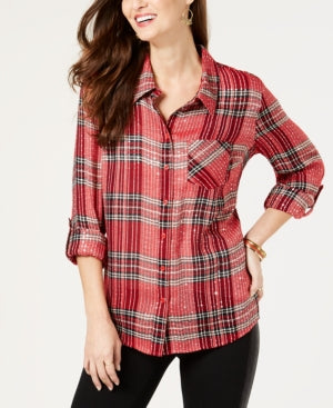Style & Co Women's Sparkle Plaid Shirt Mediun Red Size Small