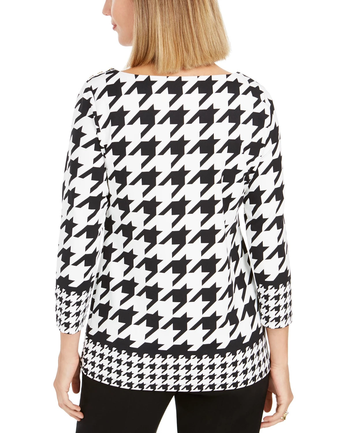 Charter Club Women's Petite Button-Shoulder Houndstooth Top Black Size Petite