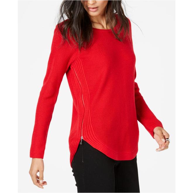 INC International Concepts Women's Waffle Knit Side Zip Tunic Sweater Red Size X-Small