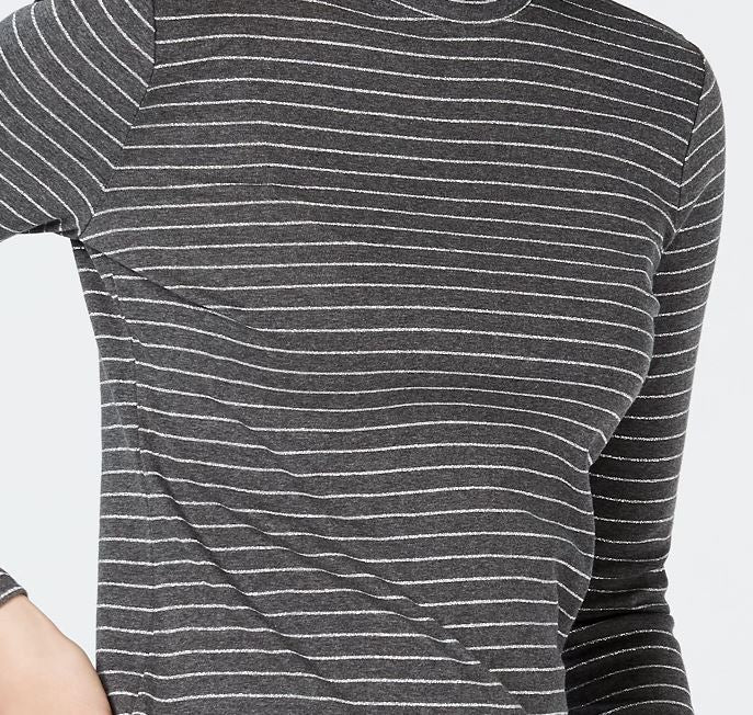 Charter Club Women's Cotton Striped Mock Neck T-Shirt Grey Size Large