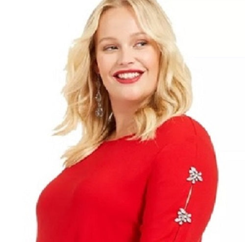 INC International Concepts Women's Embellished Sleeve Top Dark Red Size Petite Small