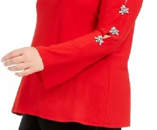 INC International Concepts Women's Embellished Sleeve Top Dark Red Size Petite Small