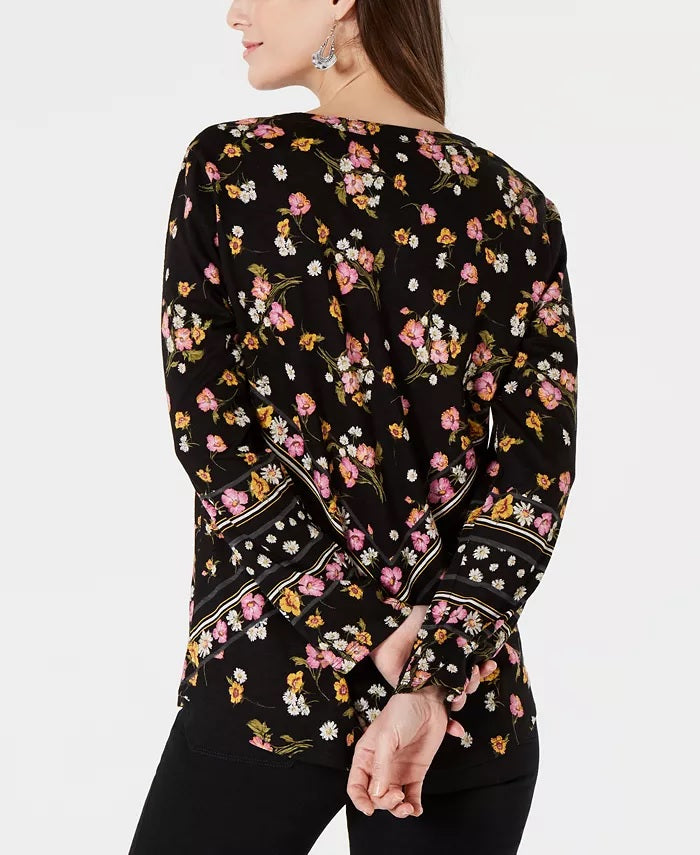 Style & Co Women's Printed Split-Neck Shirt Black Size X-Small