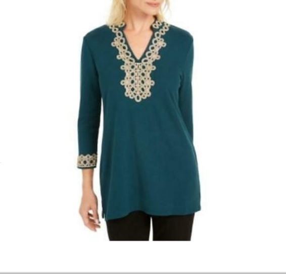 Charter Club Women's Lace Trim Tunic Top Green Size Small