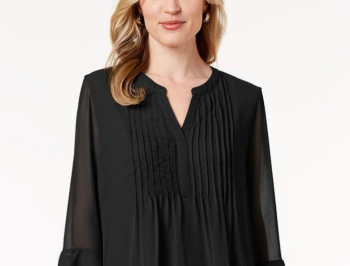 Charter Club Women's Double-Ruffle Textured Pintuck Top Black Size Medium