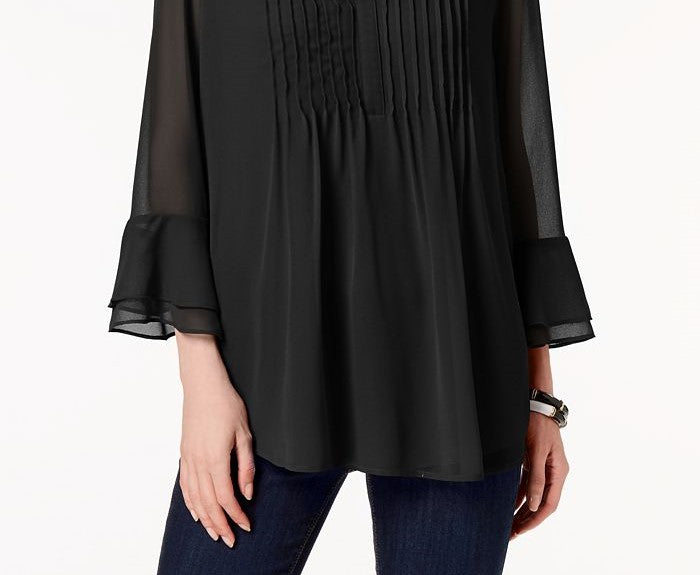 Charter Club Women's Double-Ruffle Textured Pintuck Top Black Size Medium
