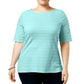 Charter Club Women's Cotton Texture-Striped Elbow-Sleeve Top Turq/Aqua Size Large