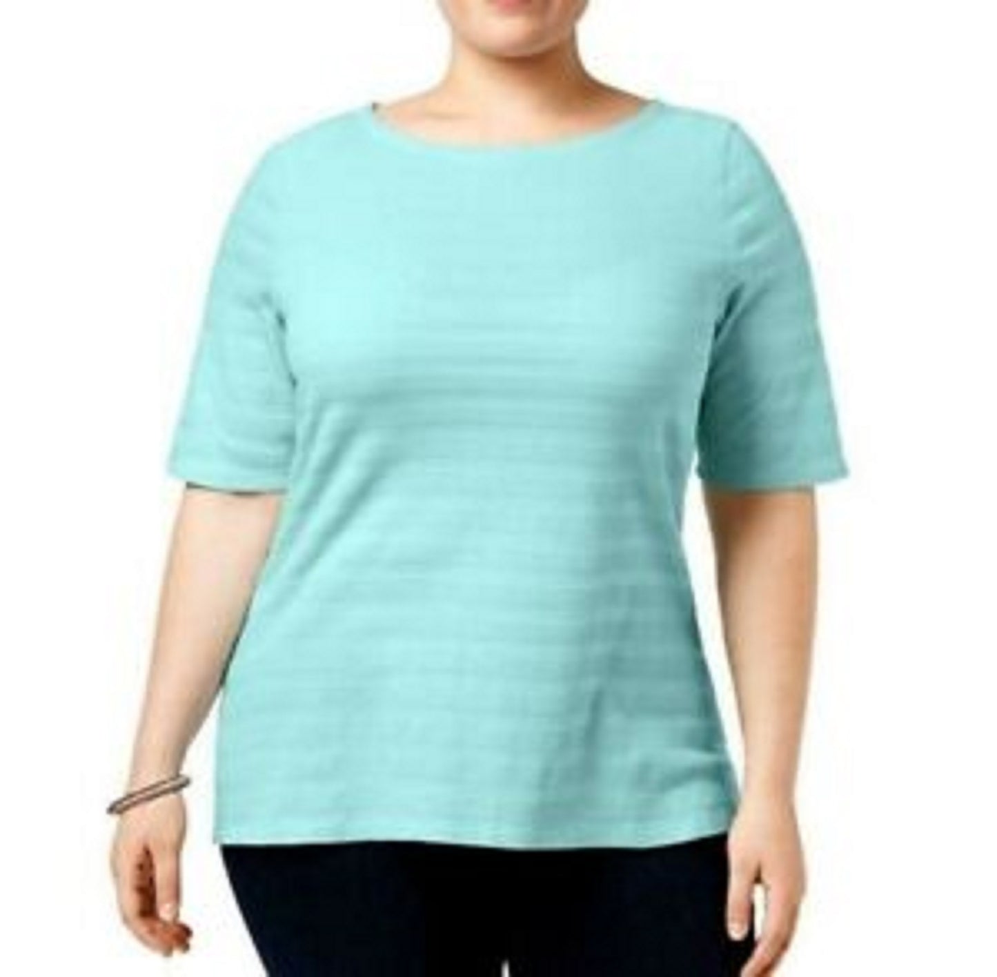 Charter Club Women's Cotton Texture-Striped Elbow-Sleeve Top Turq/Aqua Size Large