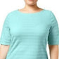 Charter Club Women's Cotton Texture-Striped Elbow-Sleeve Top Turq/Aqua Size Large
