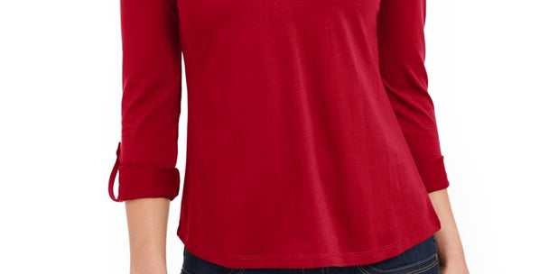 Charter Club Women's Supima Cotton Split-Neck Top  Red Size Small