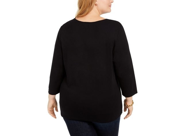 Karen Scott Women's Cotton Elephant Print Top Black Size 1X