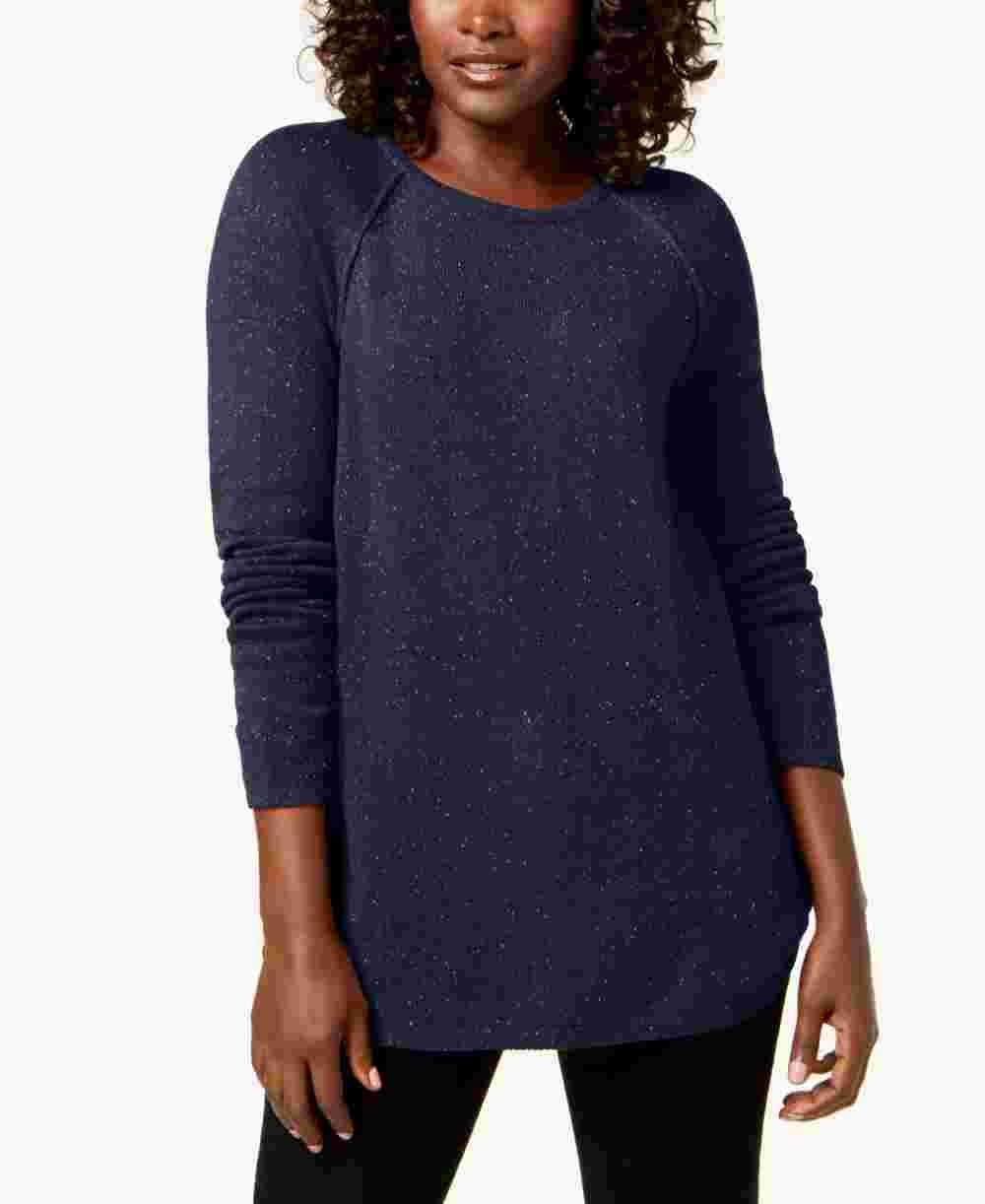 Karen Scott Women's Textured Speckle Long Sleeve Jewel Neck Sweater Navy Size Petite Small