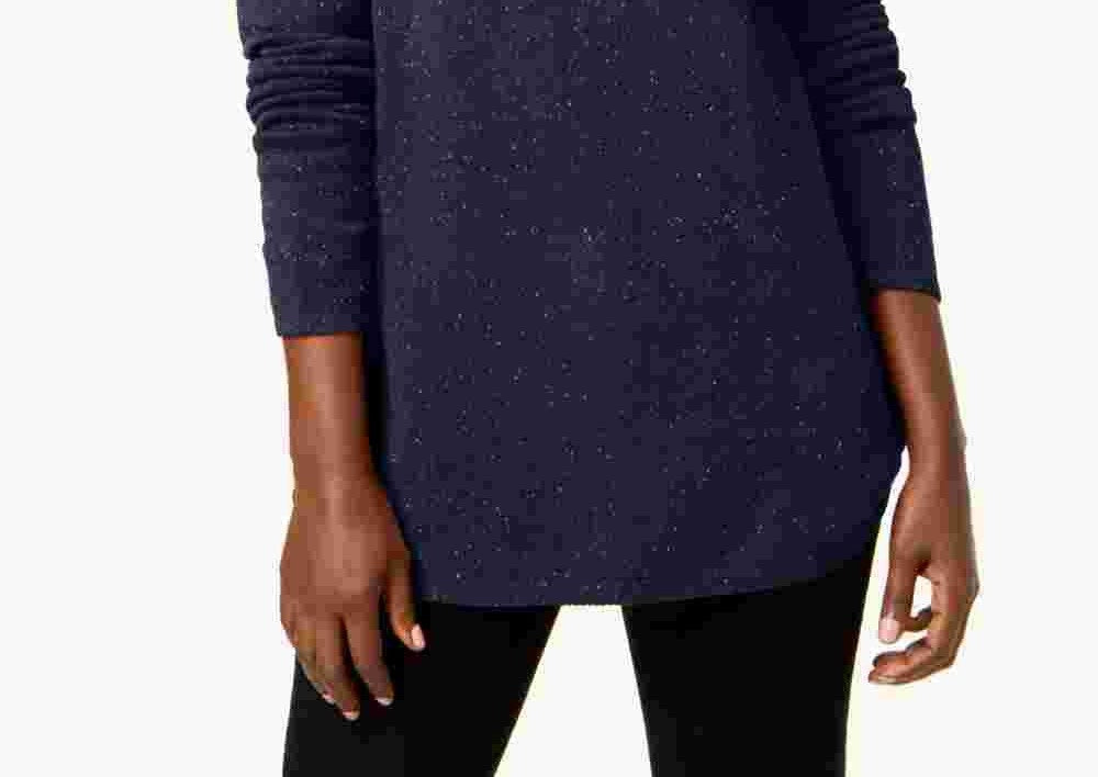 Karen Scott Women's Textured Speckle Long Sleeve Jewel Neck Sweater Navy Size Petite Small