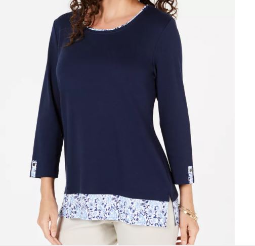 Karen Scott Women's Printed Hem 3/4 Sleeve Top Navy Size Medium