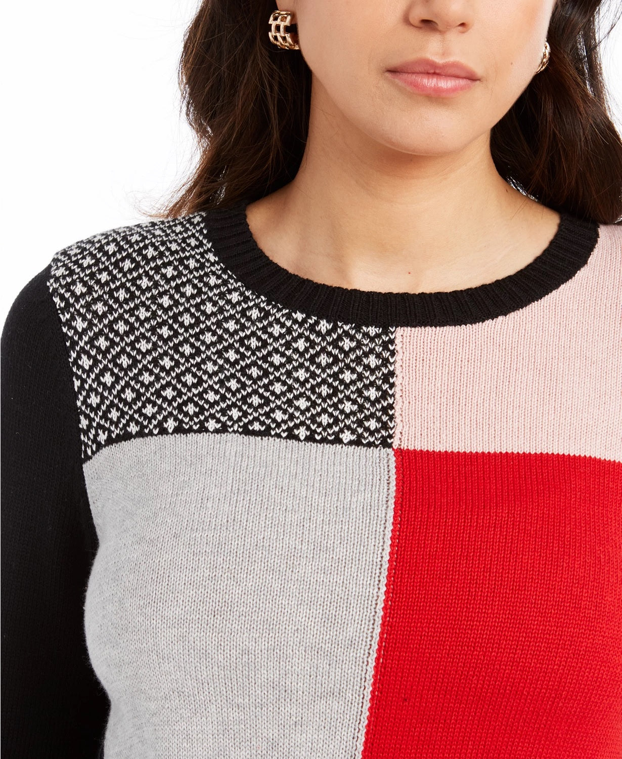 Charter Club Women's Patchwork Crewneck Sweater Black Size Large