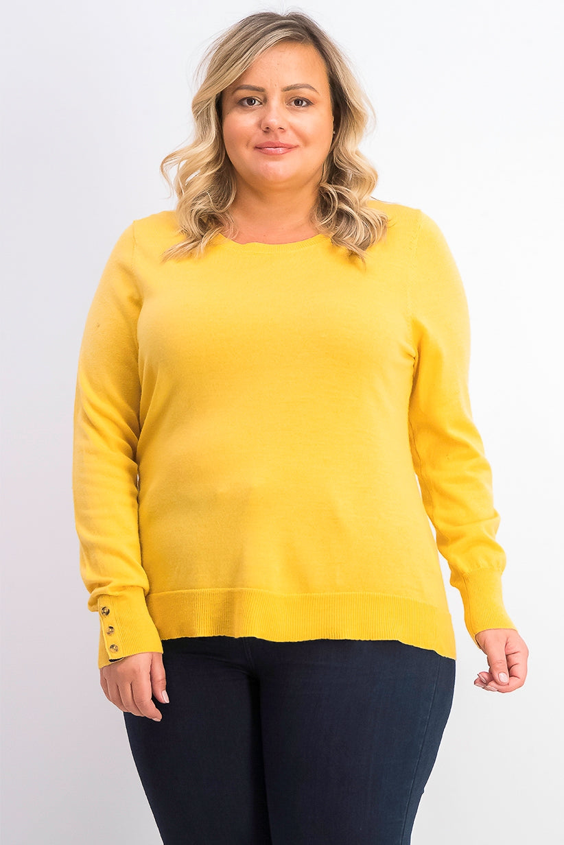 Charter Club Women's Merino Wool Button-Cuff Crewneck Sweater Gold Size Large