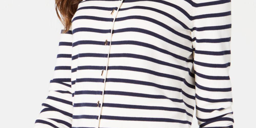 Charter Club Women's Striped Grommet-Trim Cardigan Sweater White Size X-Large