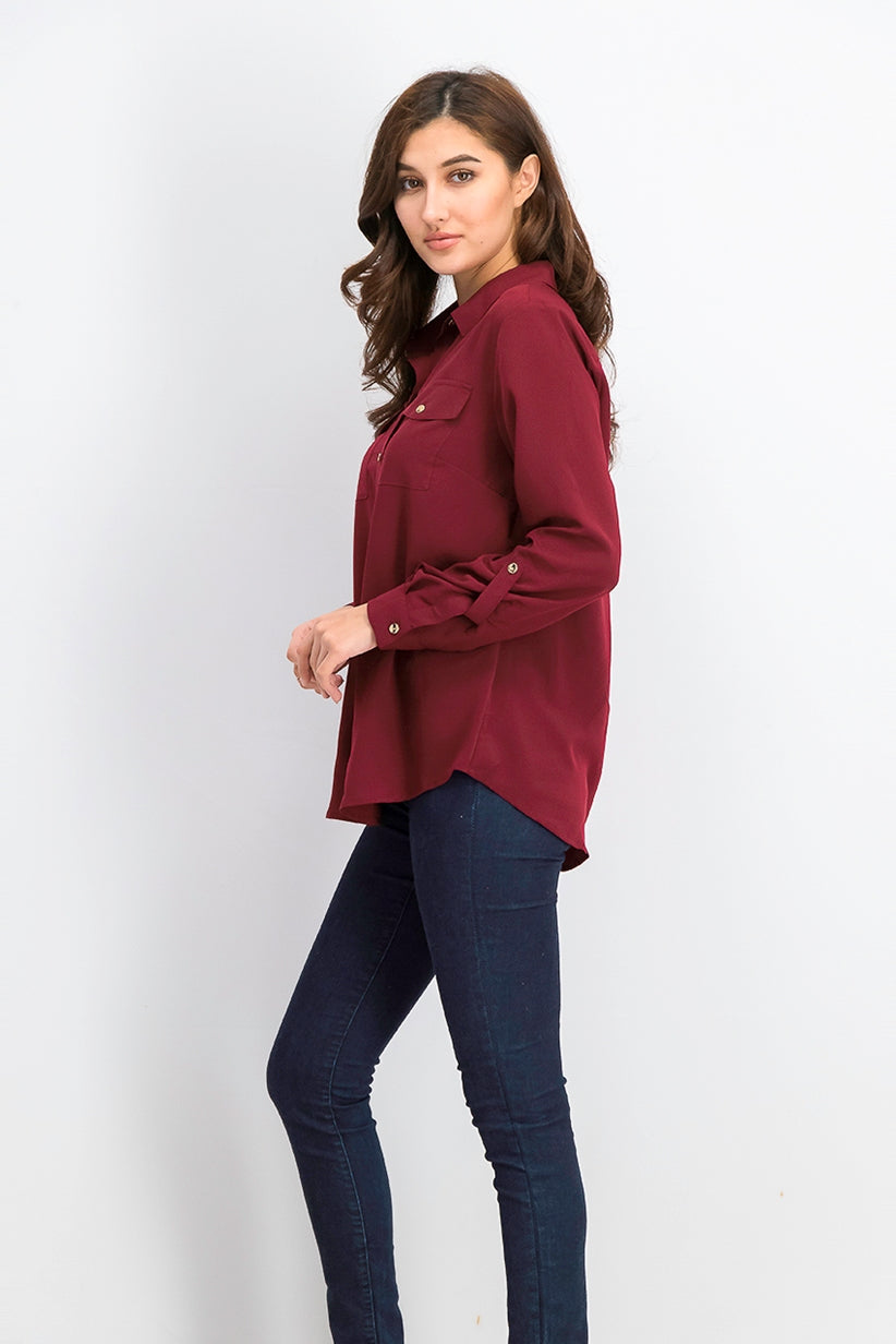 Charter Club Women's Two-Pocket Shirt Wine Size Small
