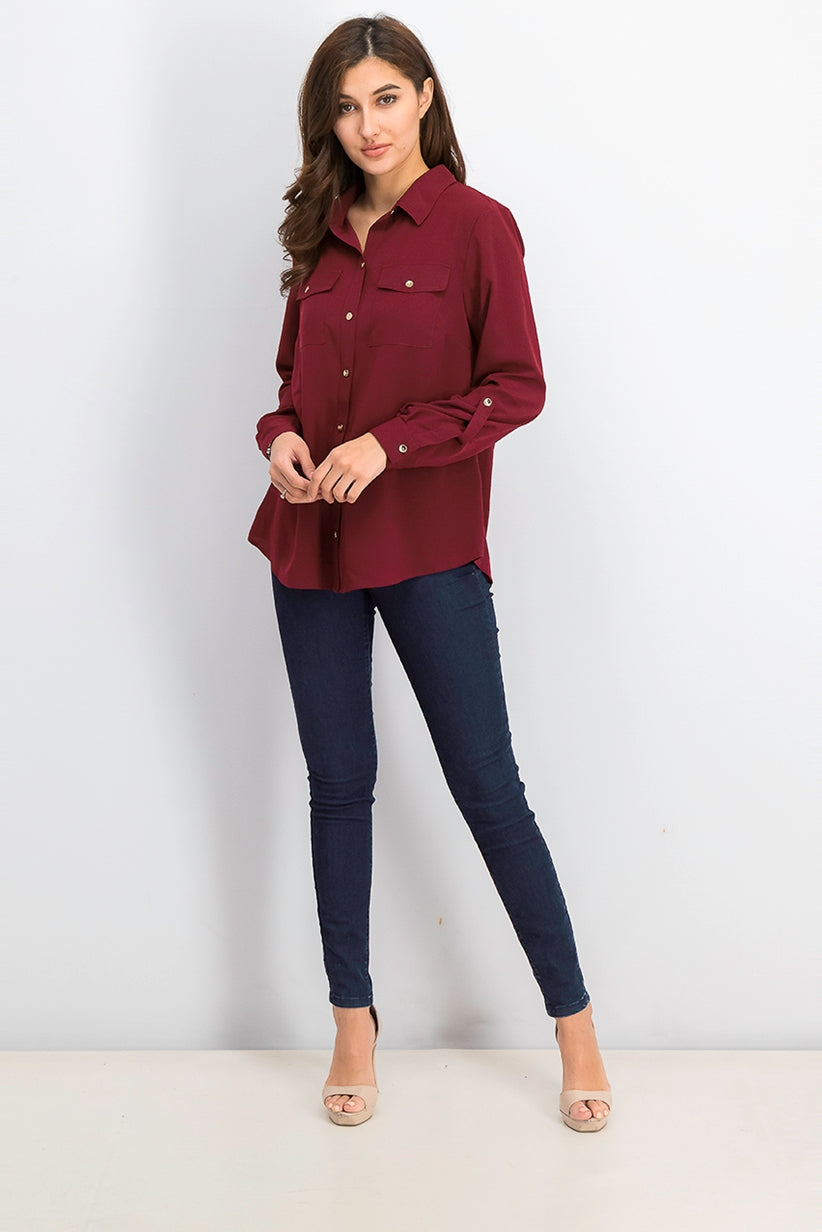 Charter Club Women's Two-Pocket Shirt Wine Size Small