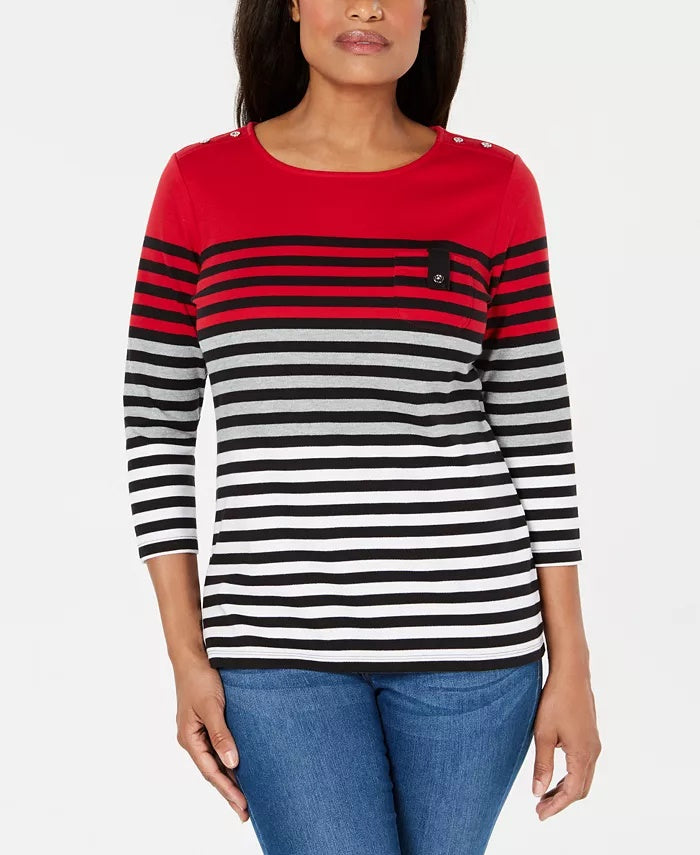 Karen Scott Women's Striped 3/4 Sleeve Top Red Size Medium