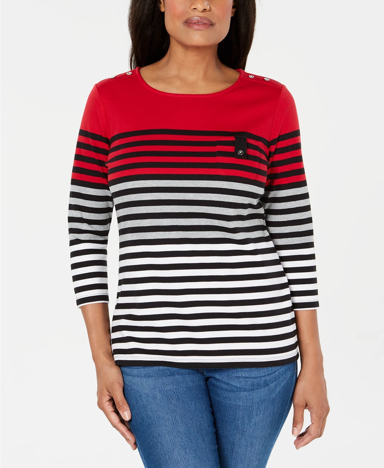Karen Scott Women's Striped Colorblocked Top Red Size Petite Small