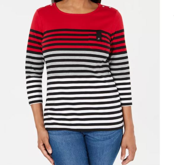 Karen Scott Women's Striped Colorblocked Top Red Size Petite Small