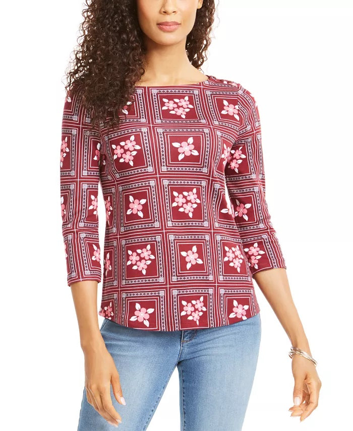 Charter Club Women's Printed 3/4-Sleeve Cotton Top Red Size Petite Medium