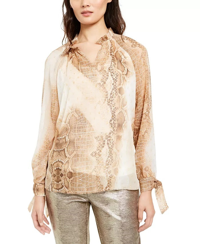 Alfani Women's Snake Embossed Tie Sleeve Top Beigekhaki Size Medium