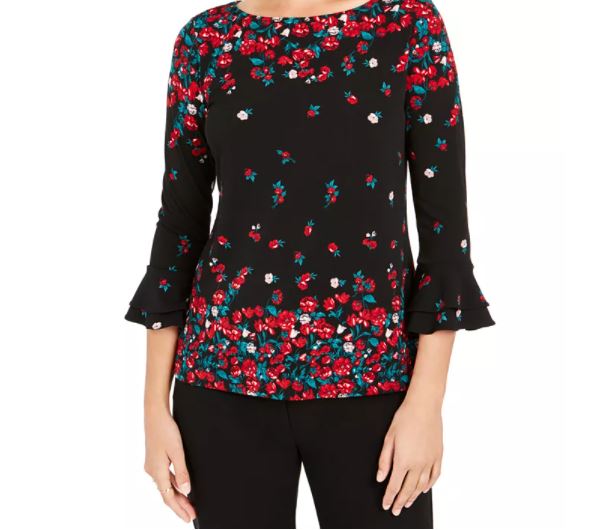 Charter Club Women's Floral Print Bell Sleeve Blouse Black Size XX-Large