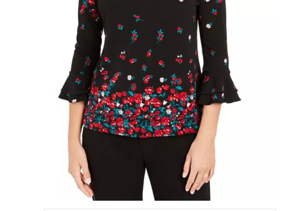 Charter Club Women's Floral Print Bell Sleeve Blouse Black Size XX-Large