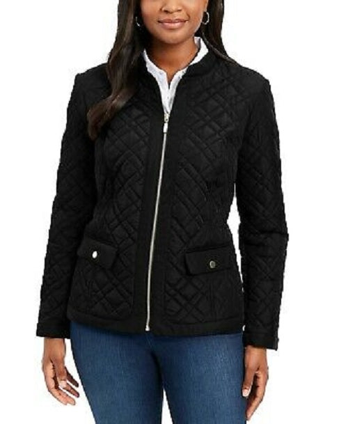 Charter Club Women's Quilted Mandarin-Collar Jacket Black Size Large
