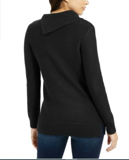 Charter Club Women's Patchwork Stitch Asymmetrical Collar Sweater Black Size Small