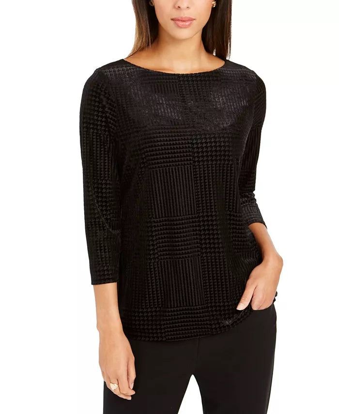 Charter Club Women's Flocked Boat-Neck Top Black Size Petite Medium