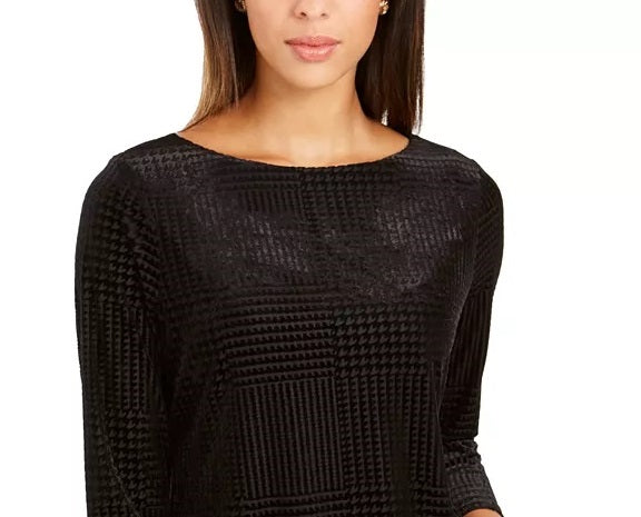 Charter Club Women's Flocked Boat-Neck Top Black Size Petite Medium