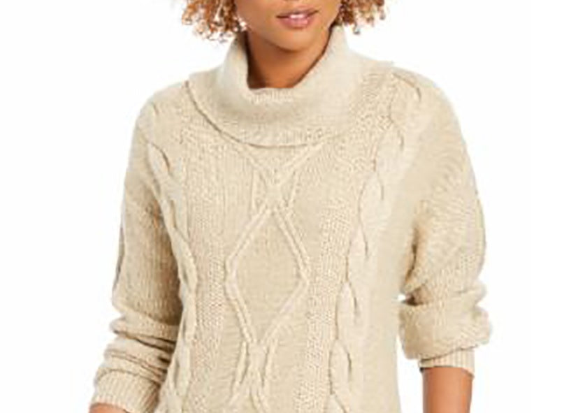 Charter Club Women's Cowl-Neck Cable-Knit Glitter Sweater White Size X-Large