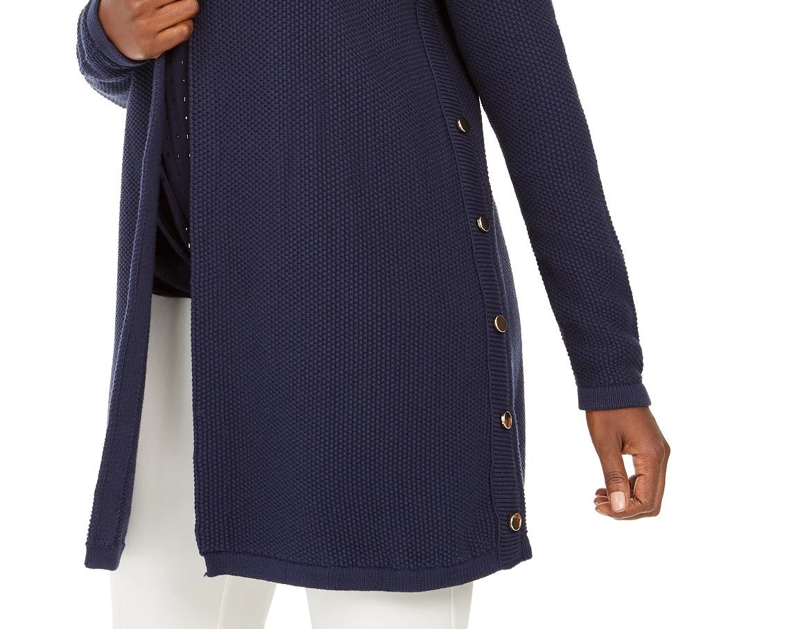 JM Women's Collection Cotton Side-Button Open-Front Cardigan Blue Size Extra Small