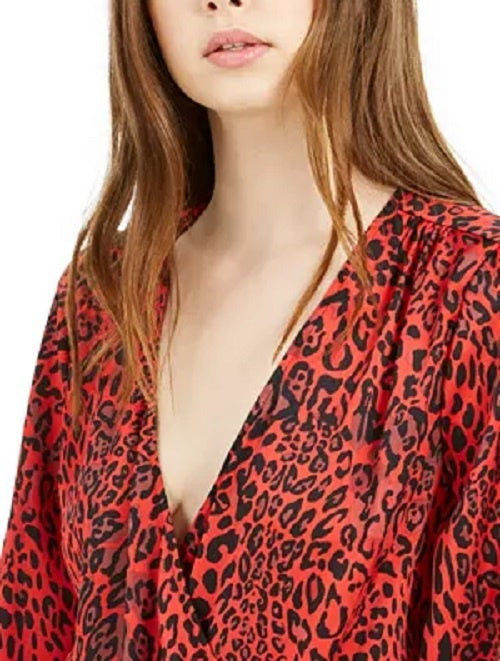 Bar III Women's Printed Surplice-Neck Blouson-Sleeve Bodysuit Dark Red Size Small