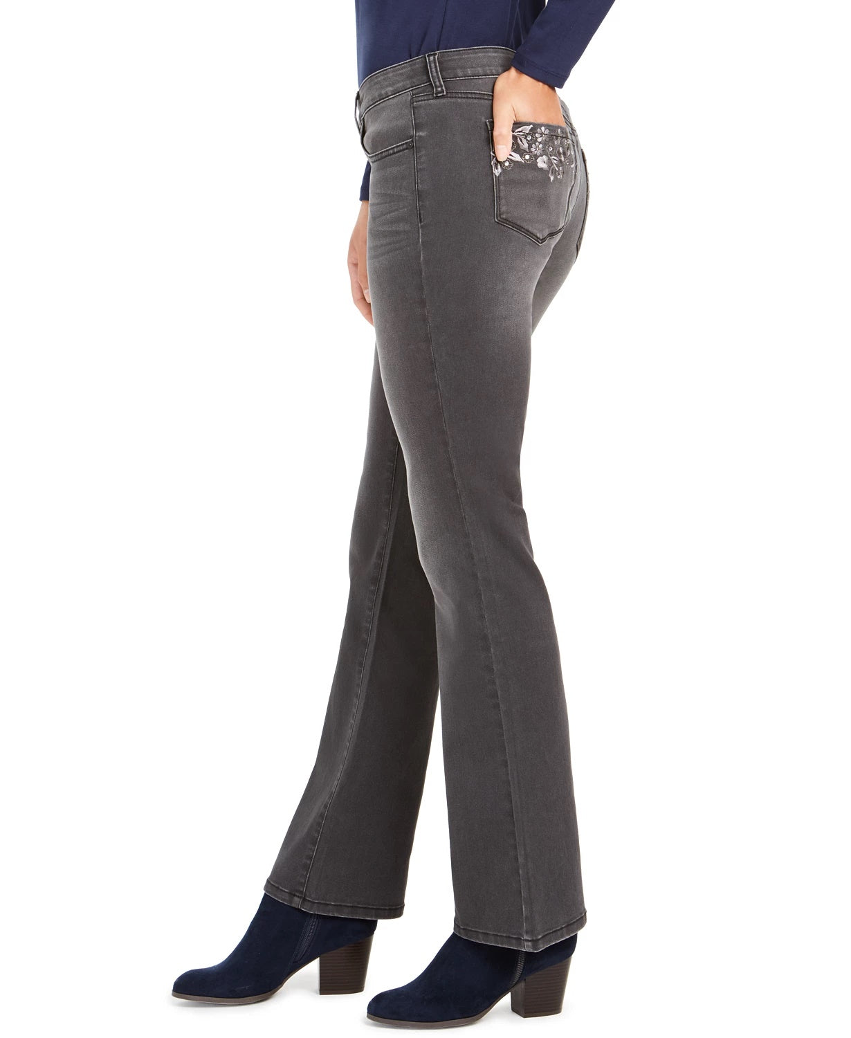 Style & Co Women's Light Wash Embroidered-Pocket Bootcut Jeans Black Size 4