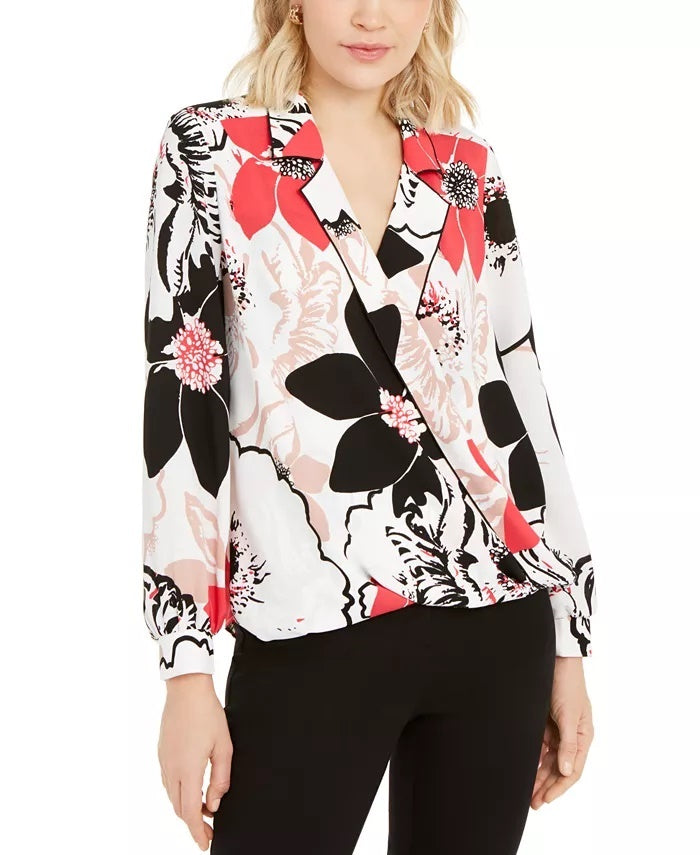 Alfani Women's Petite Printed Piped Surplice Top White Size Medium