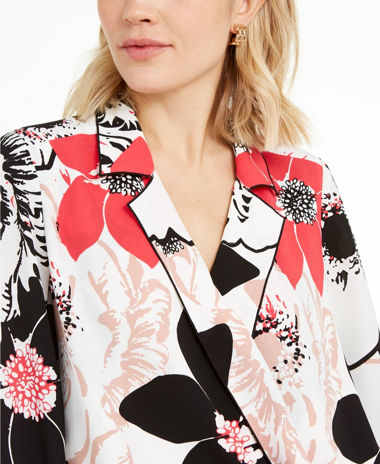 Alfani Women's Petite Printed Piped Surplice Top White Size Medium