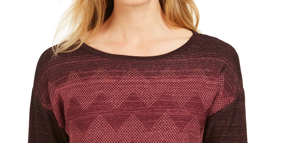 JM Collection Women's Metallic-Stitched Drop-Shoulder Sweater Purple Size Large